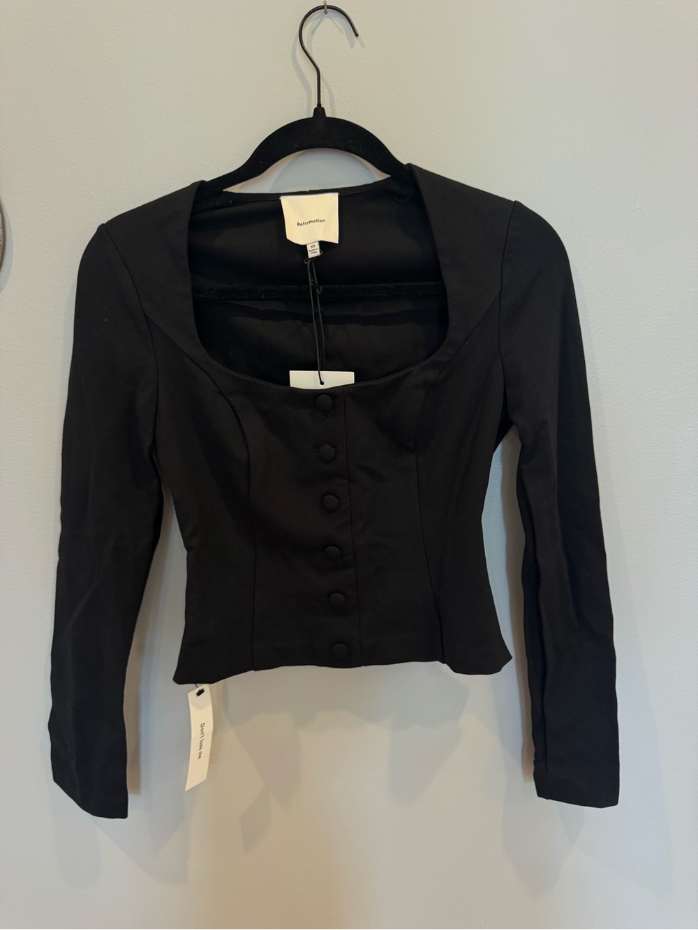 NWT Reformation Black Square-Neck Buttoned Long-Sleeve Top